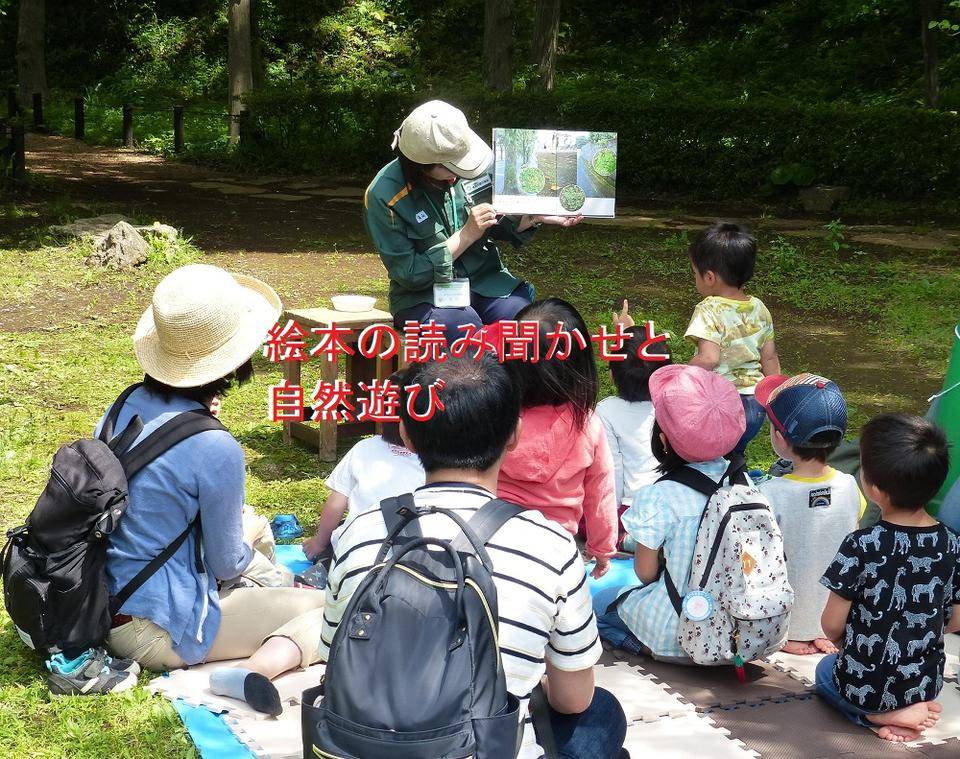 絵本の読み聞かせと自然遊びの写真