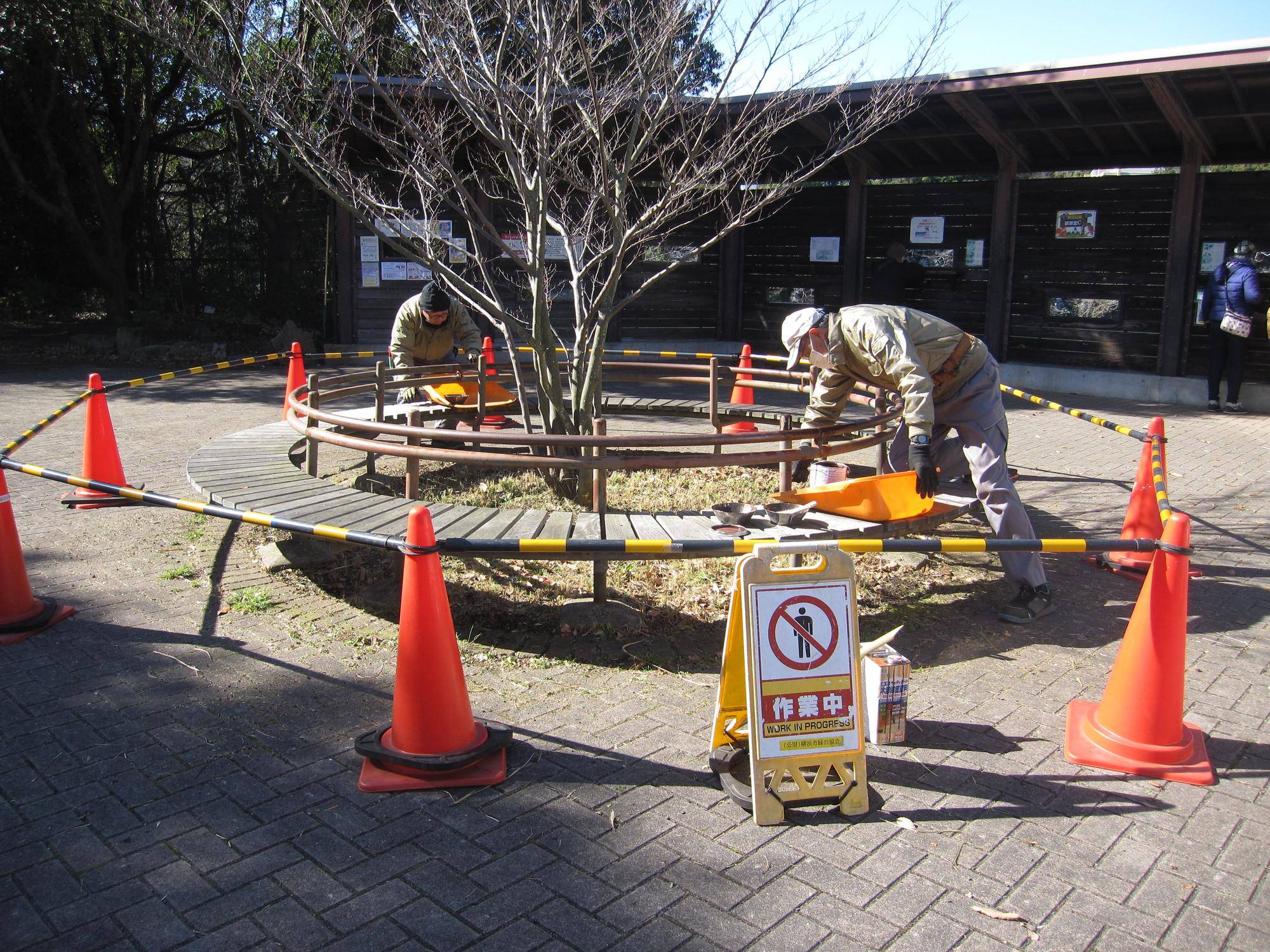 長浜公園 園内ベンチ塗装修繕中です♪の写真