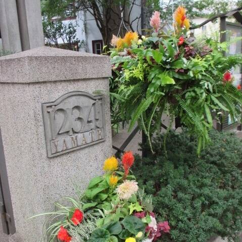 山手234番館ハンギングバスケットの植替えの写真