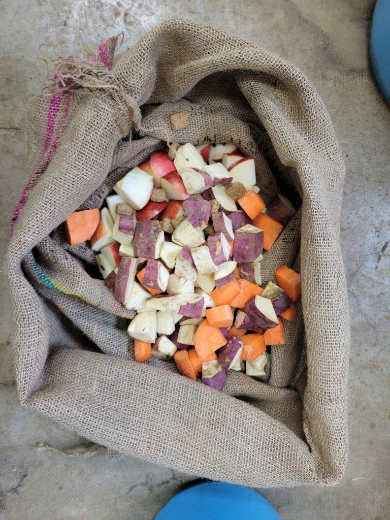 餌を細かく切って、麻袋の中に入れました