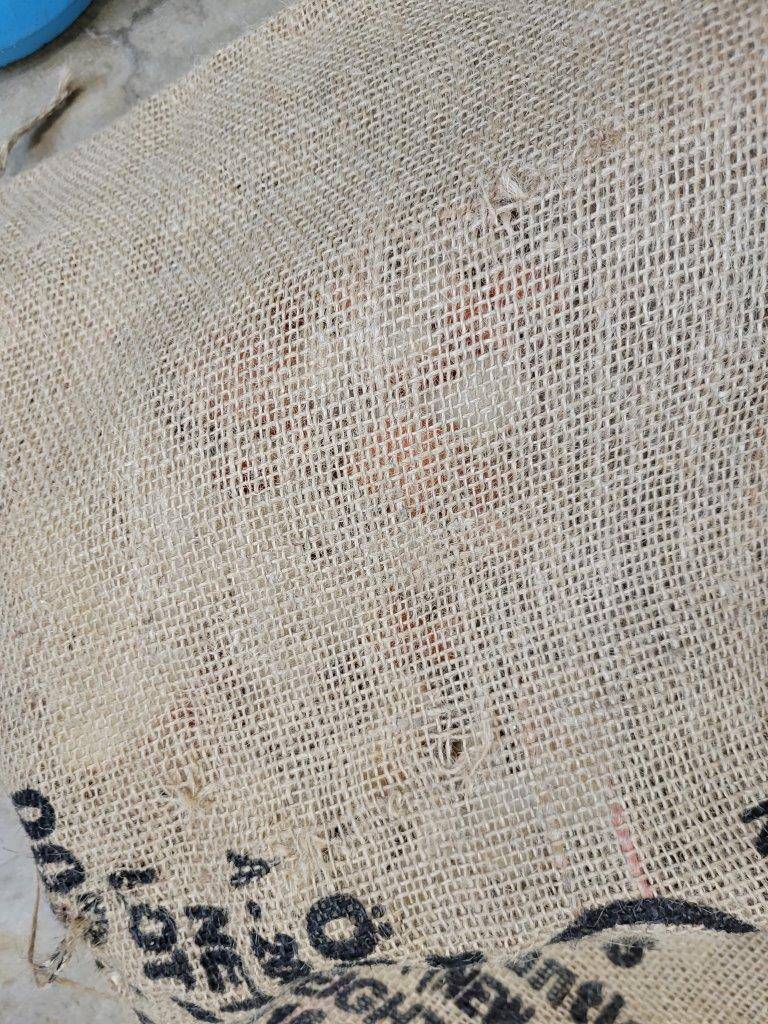 中に餌が入った麻袋。うっすら中が透けて見えます！