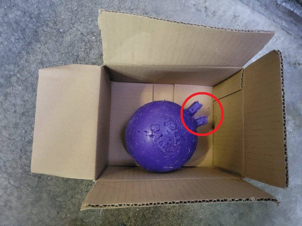 段ボール箱の中に、ジョリーボールを入れてみた